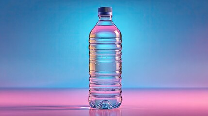 Plastic water bottle on a vibrant pink and blue backdrop