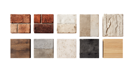 Nine square samples of various stone and wood-like materials.  Different textures and colors.  Ideal for interior or exterior design