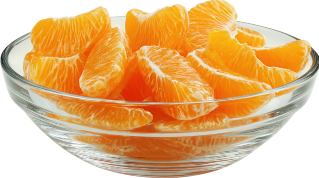 Glass Bowl Full of Fresh Mandarin Orange Slices isolated on a Transparent or white Background