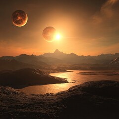 Two planets rise over a rugged alien landscape with mountains and a river under a warm hazy orange sky at dusk