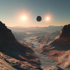 Exoplanet landscape with twin suns and a solitary planet in the sky casting shadows over a rugged alien terrain