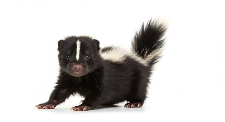 Obraz premium Adorable baby skunk playfully poses against bright white background. AI Generated