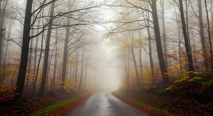 Fototapeta premium Misty Autumn Forest Road with Colorful Foliage and Bare Trees