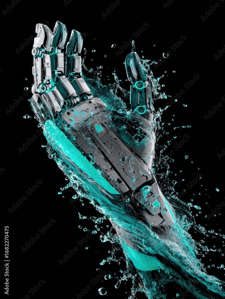 Poster robotic hand emerges from water with dynamic splash details in a futuristic design captured in a dar