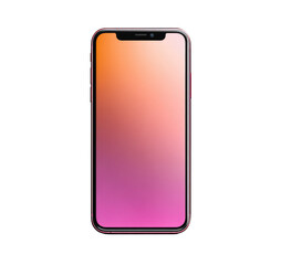 Modern smartphone with gradient screen.  A sleek, rectangular phone, front view, displays a vibrant gradient background from orange to pink