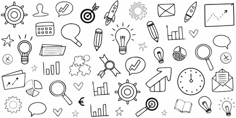 Naklejka premium Collection of hand drawn doodle icons representing business concepts like ideas strategy growth and analysis