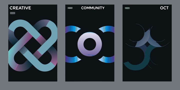 Abstract graphic design posters featuring gradient shapes and text for creative community events