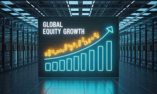 Glowing graph showcasing "Global Equity Growth" in a server room