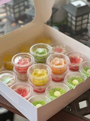 Colorful flower-shaped jelly desserts in clear cups, artistically arranged with vibrant floral...