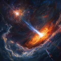 Dramatic space scene featuring a bright star nebula and telescope observing the cosmos