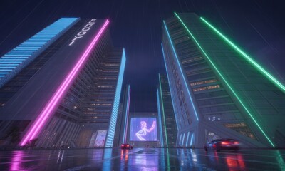 Glowing skyscrapers at night, neon lights, and cars on a wet street