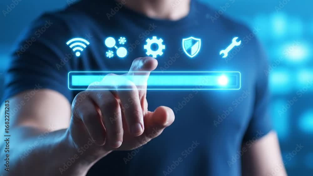 Poster man interacting with glowing icons and a progress bar in a blue setting