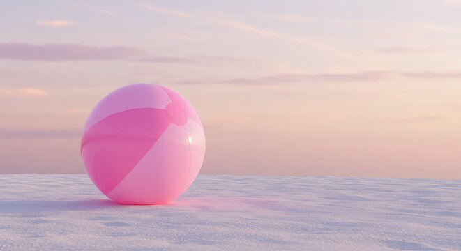 Serene beach ball rests on soft sand under a tranquil pastel sky, evoking peaceful summer vacation vibes and carefree relaxation.