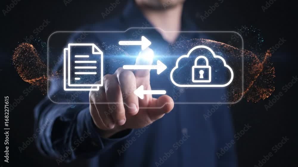 Poster man touching digital interface with file transfer to cloud storage concept