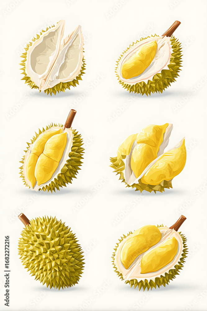 Poster collection of durian fruit varieties displayed on a light background with detailed textures