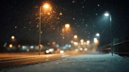 Snowy night street scene with city lights