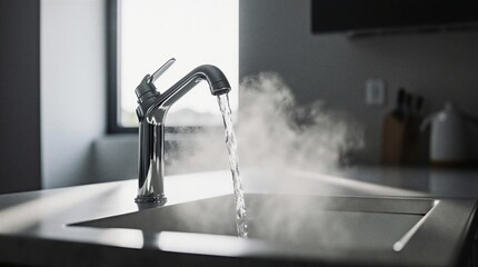 steam rising from hot water faucet in kitchen sink | home, cleanliness, cooking, domestic, relaxation theme