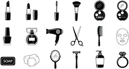Obraz premium Collection of black and white beauty and personal care icons on a light gray background