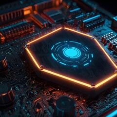 Glowing neon shield icon on dark circuit board background, cyber security concept, no text, 3D render,Generative Ai
