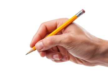 A hand holding a yellow pencil, poised to write