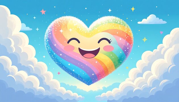 happy rainbow fluffy heart in sky