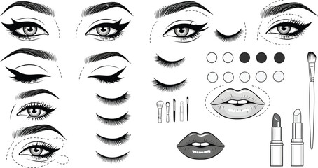 A black and white drawing of eyes lips and makeup tools for beauty and fashion illustration art style