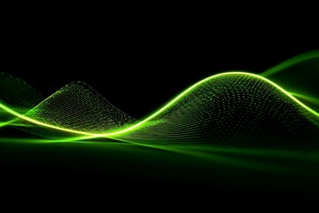 Vibrant neon green wave forms dance across a dark digital landscape, evoking futuristic technology and data flow.