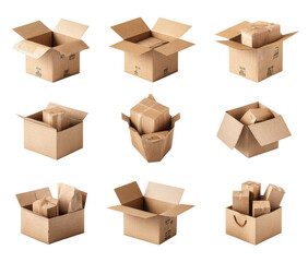Fototapeta premium Nine cardboard boxes of various configurations, open and closed, filled and empty. Different angles and states of opening show packaging options