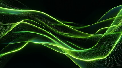 Vibrant neon green light trails flow across a dark, abstract digital landscape, evoking futuristic energy and innovation.