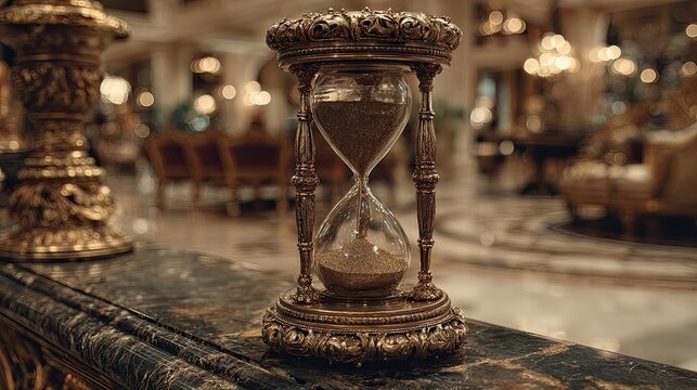 Ornate hourglass on a dark railing in a luxurious interior - Powered by Adobe