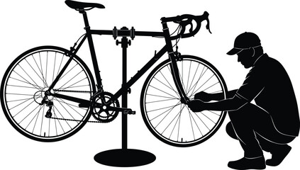 Silhouette of a mechanic fixing road bike on maintenance stand, cycling service vector illustration, isolated on clean white background.