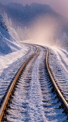 Fototapeta premium Snowy Mountain Train Tracks Under Winter Light