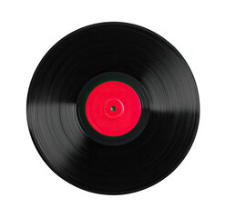 A black vinyl record with a bright red label.  The record is spinning, showing motion blur