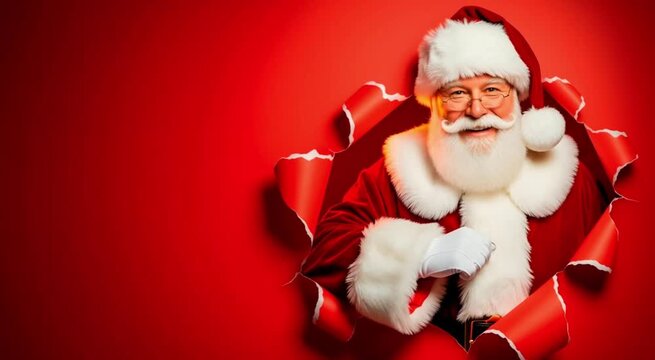 Santa Claus tears through a vibrant red paper background, joyfully announcing the arrival of Christmas.