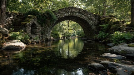 Stone bridge over calm river in forest