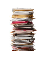 A towering stack of documents and files.  Papers, folders, and binders are densely packed, creating a substantial pile. Various colors, including beige, off-white, and muted pinkish-red, are visible. 