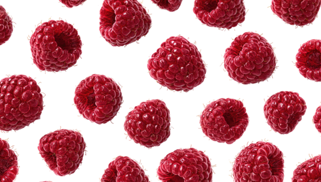 Fresh raspberries scattered on black background.  Red, round berries with visible seeds,  creating a pattern