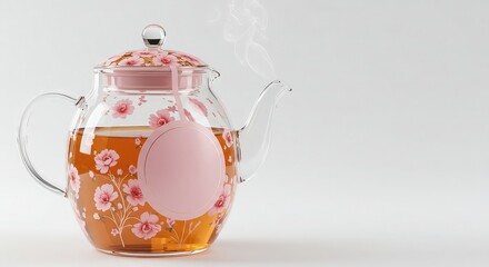 Elegant glass teapot blooming with pink floral design, filled with amber tea, emitting gentle steam, perfect for cozy moments and refined presentations