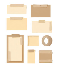 Assorted vintage-style documents and folders.  A collection of nine light beige/tan rectangular and oblong documents, folders, and a roll of tape, all with aged.