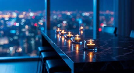 Romantic cityscape view at night with candles. Perfect for anniversaries, Valentine's Day, or date nights. Use for hotels, luxury, and high-end travel ambiance.