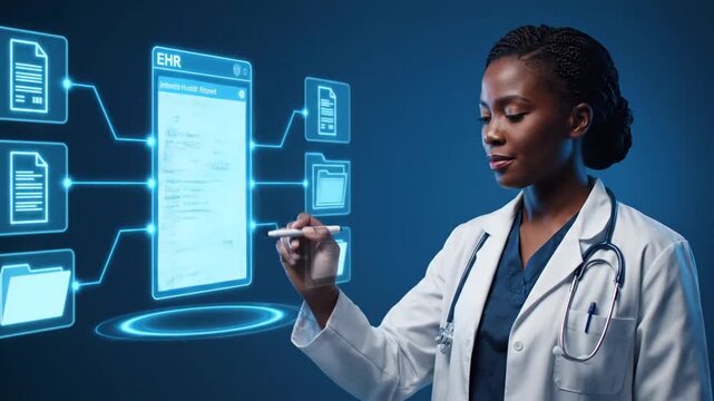 Young Female Doctor Interacting With Holographic EHR Interface on Blue Background