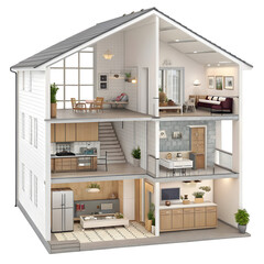 Modern Two-Story House Interior Design: Cut Away View on transparent background