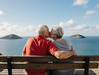 happy senior couple sharing a tender kiss on a scenic bench | retirement, love, romanticism, elderly, togetherness theme