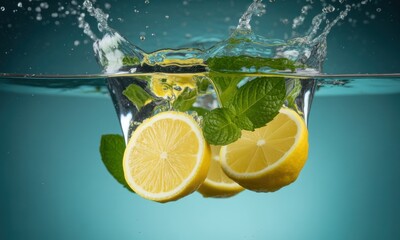 Lemon slices and mint falling in water, creating a splash on teal backdrop