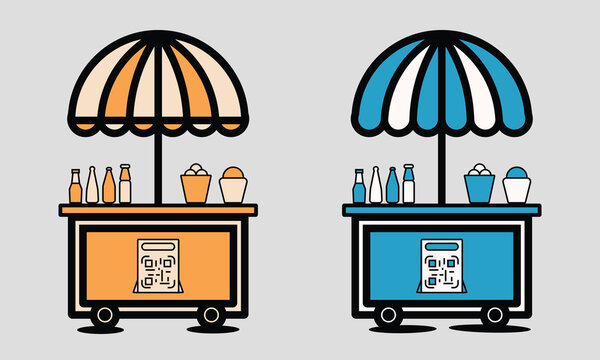 Small Business Hand Push Street Food Two Trucks with Umbrella and Gpay Scan Sticker Style Vector Illustration
