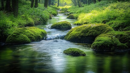 Serene forest stream flowing over mossy rocks creating a peaceful nature scene in the lush green woodland landscape