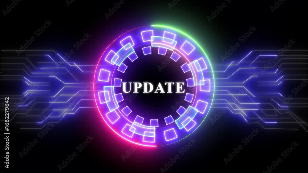 Poster internet, business, technology and network concept. update software computer program upgrade. glowin