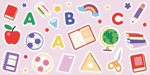 Collection of colorful school supplies and alphabet letters on a pink background