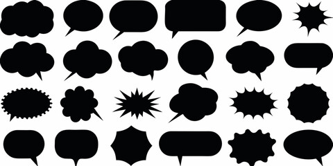 Collection of diverse black speech bubbles and comic book style explosion shapes on a white background