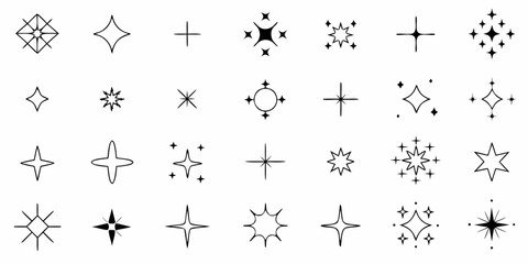 Collection of various black star and sparkle icons and symbols on a white background